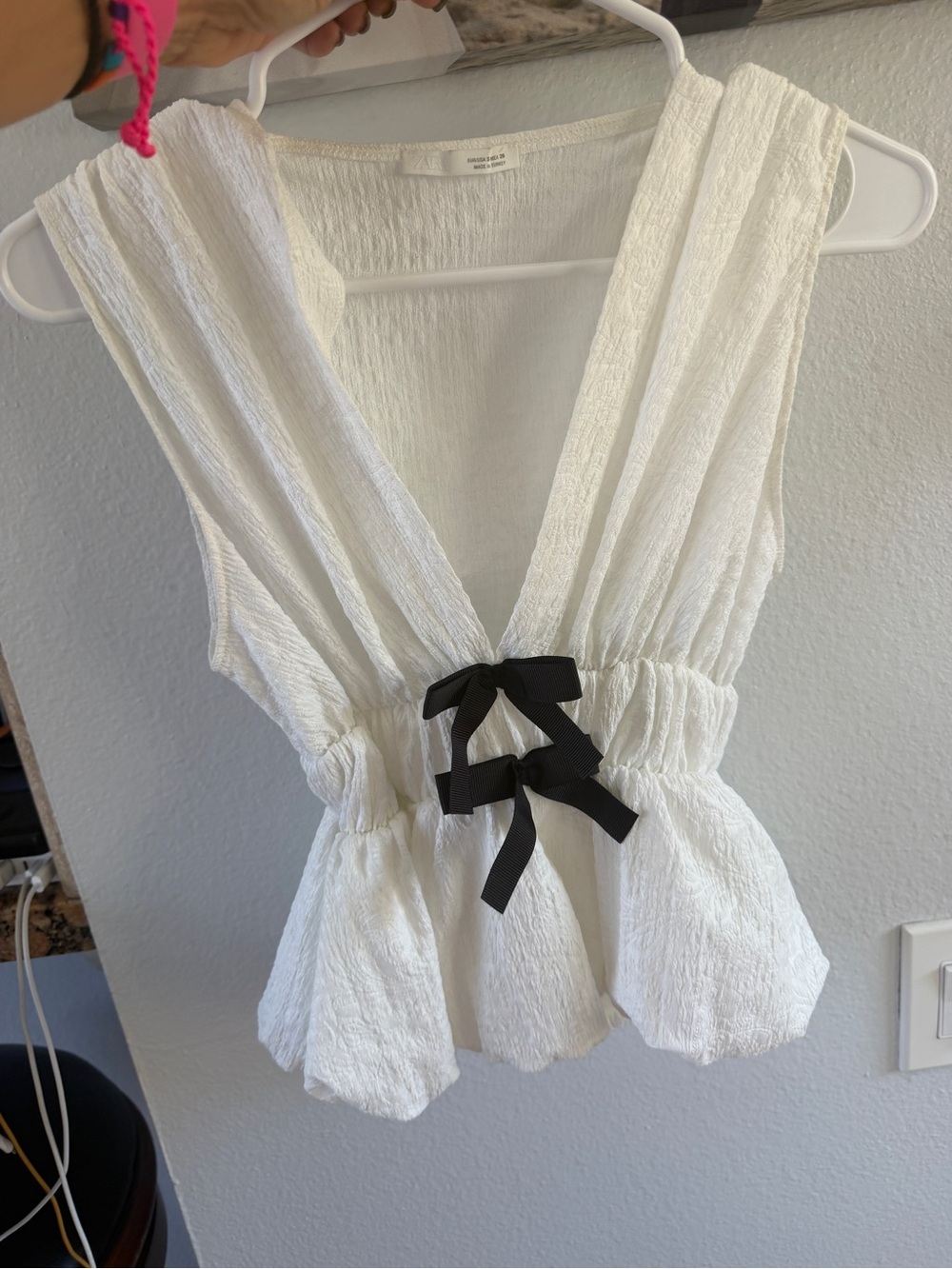 Zara White Peplum Camisole with Black Bow Accent